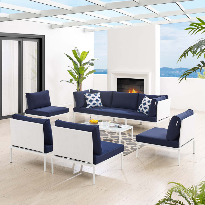 Ensemble de canapé modulaire d'extérieur en aluminium 8 pièces Sunbrella Harmony par Modway, Sunbrella® bleu marine