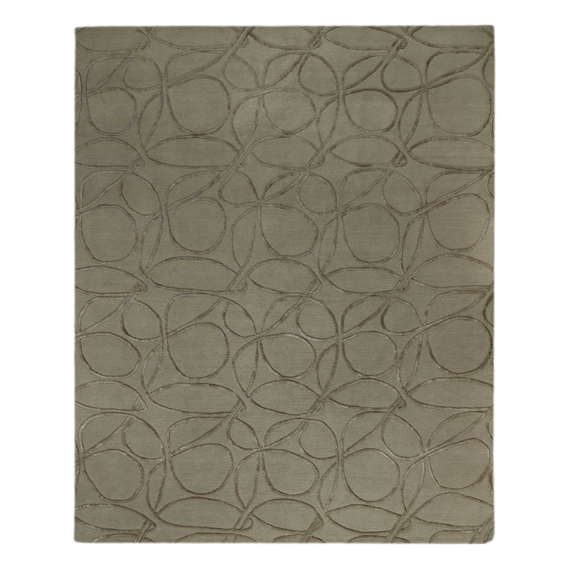 Clover Geometric Hand-Knotted Wool/Silk Beige/Neutral Area Rug, Rectangle 6' x 9', Dark Gray