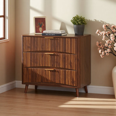 Fluted 3 Drawer Dresser, Mid-Century Modern Tall Chest of Drawers with Vertical Grooved Design, Solid Wood Storage Cabinet with Metal Handles for Bedroom Living Room