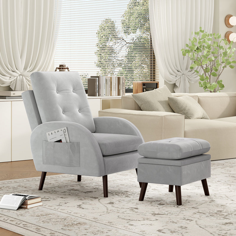 Chaise d'appoint rembourrée et repose-pieds avec dossier réglable à 6 niveaux, Gris clair