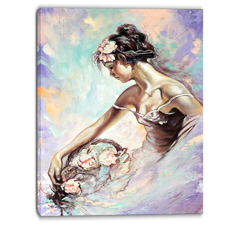 «Girl with Flower Bouquet», peinture, H 40 po x l 30 po x P 1,5 po, Toile tendue