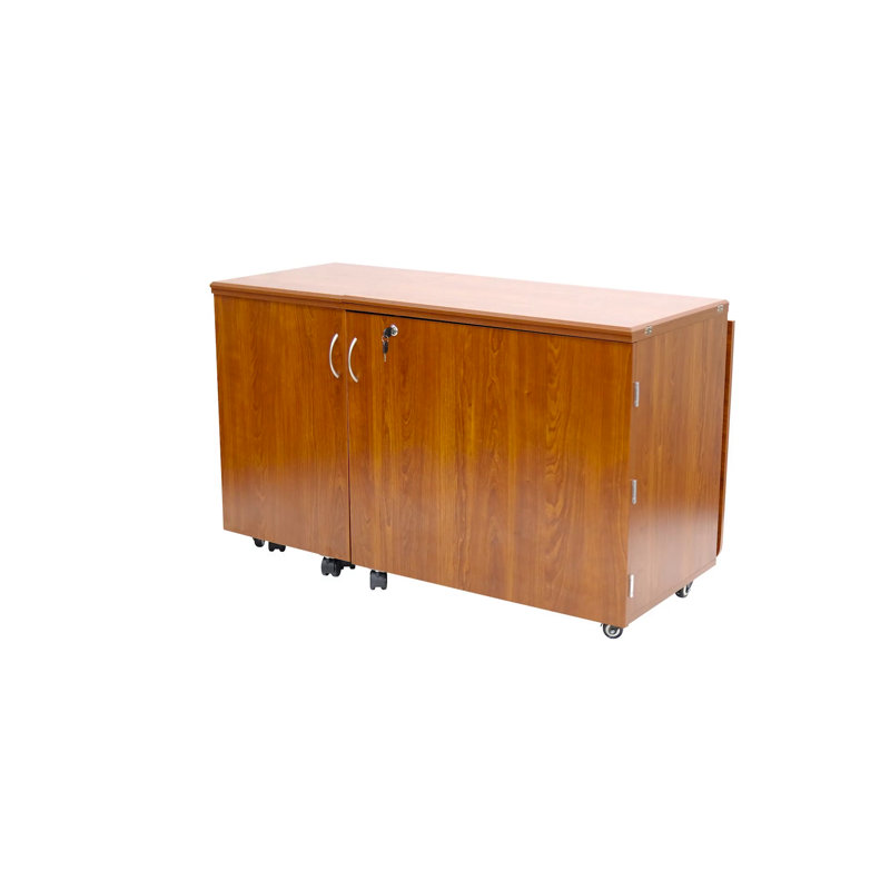 Teak Full-Size Sewing Cabinet with Hydraulic Lift and Storage Caddy