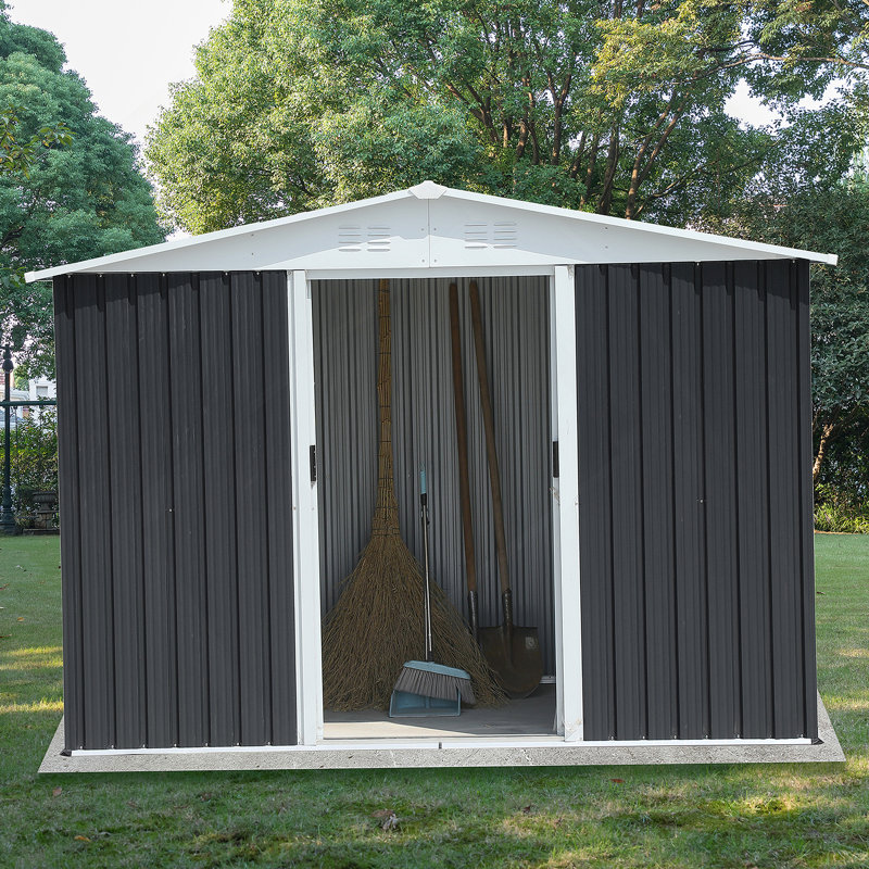 Outdoor Storage Garden Bike Shed 8X6 Feet Apex Roof With Aluminum Alloy Frame And Sliding Door, Gray/White
