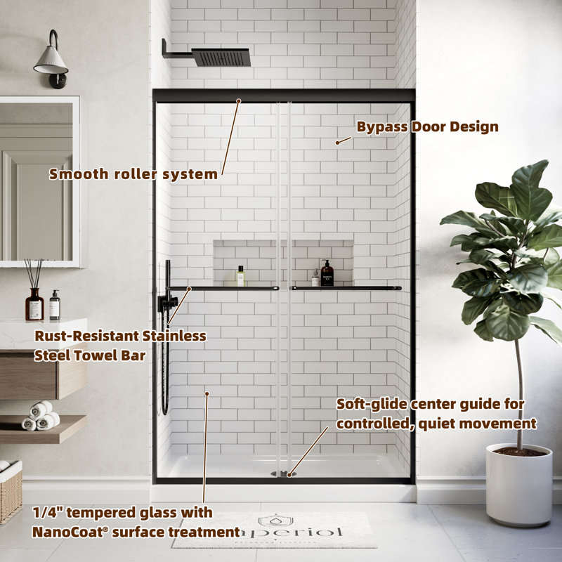 Porte de douche coulissante double semi-sans cadre l 44 po - 48 po x H 70 po avec verre trempé transparent de 1/4 po (6 mm)