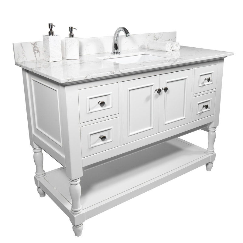 Plateau de meuble-lavabo de salle de bain 43 po x 22 po - Pierre de marbre blanc à proximité avec lavabo sous-comptoir en céramique rectangulaire et robinet à dosseret