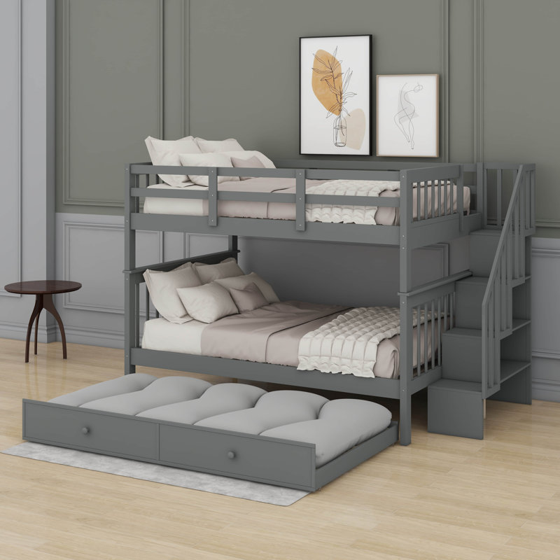 Stairway Full-Over-Full Bunk Bed With Trundle, Storage And Guard Rail, Gray