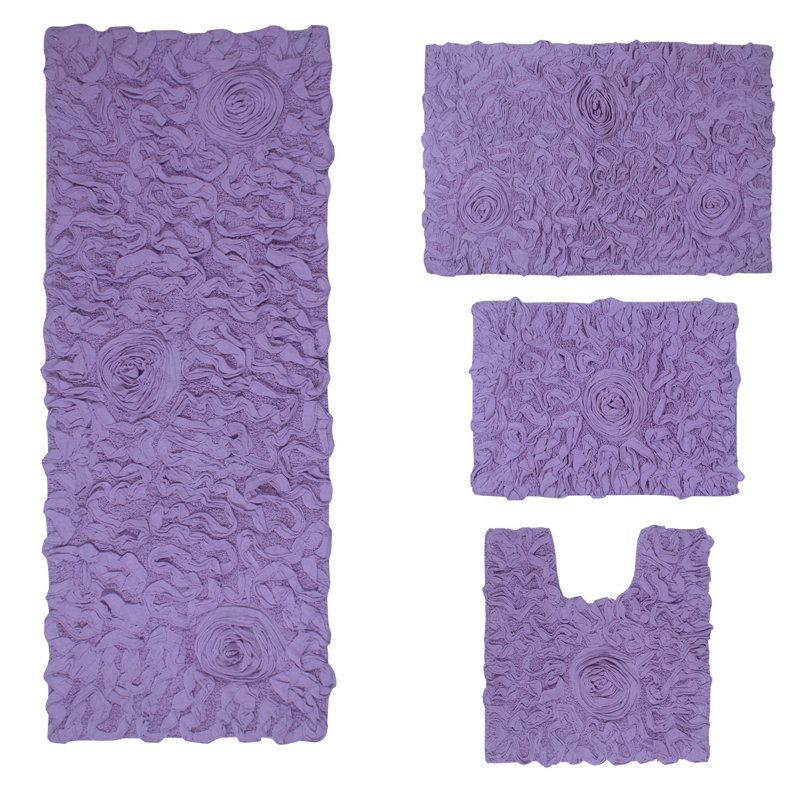 Freida Floral Rectangular 100% Cotton Solid Bath Rugs & Contour Mat (Set of 4), Purple