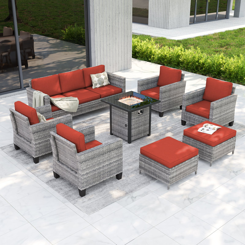 Ensemble de 8 canapés de patio avec table de foyer 28 po, osier en rotin PE pour terrasse, patio et cour, Rouge brique, Gris