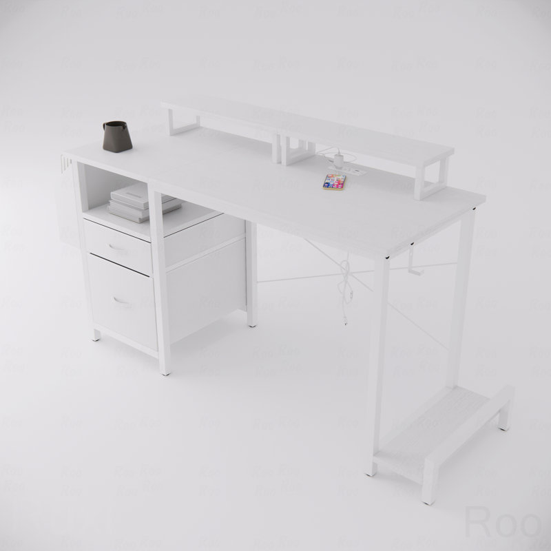 47.3"Office Desk With Power Outlet,2 Monitor Stands,2-Drawer,Side Pocket,Easy To Assemble,Frame Stability Reversible,Use For Home Desk