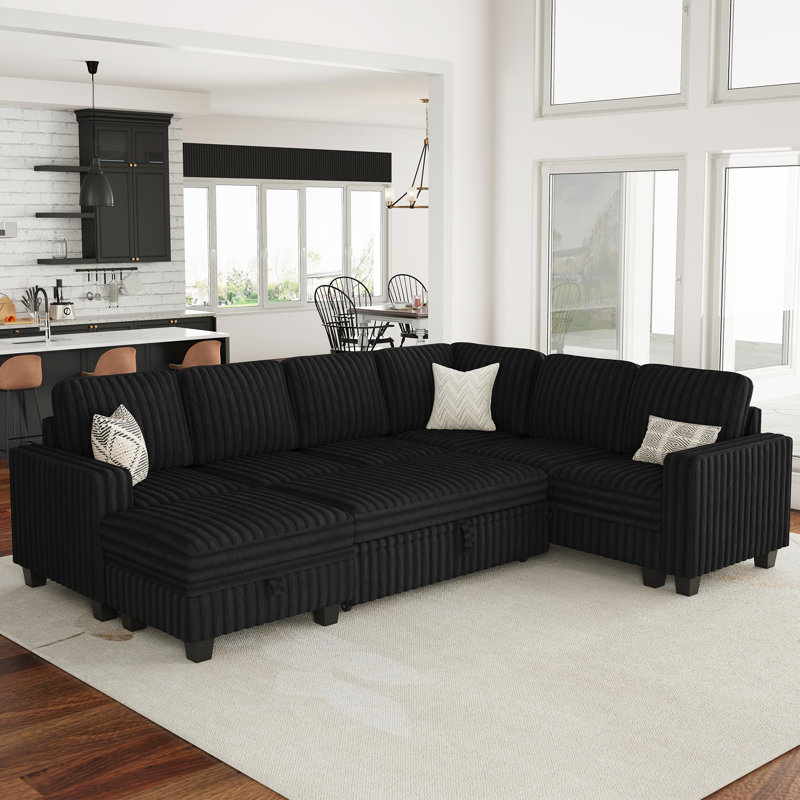 Corner Modular Sofa Set With Storage Soft Upholstery For Living Room, Black Faux Fur