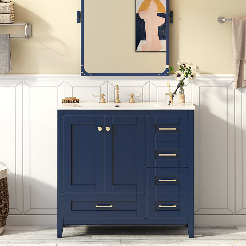 Ensemble de meuble-lavabo 36 po avec lavabo 36 po, armoire de salle de bain moderne à 4 tiroirs, ensemble de meuble-lavabo sur pied en bois massif avec pieds en bois massif