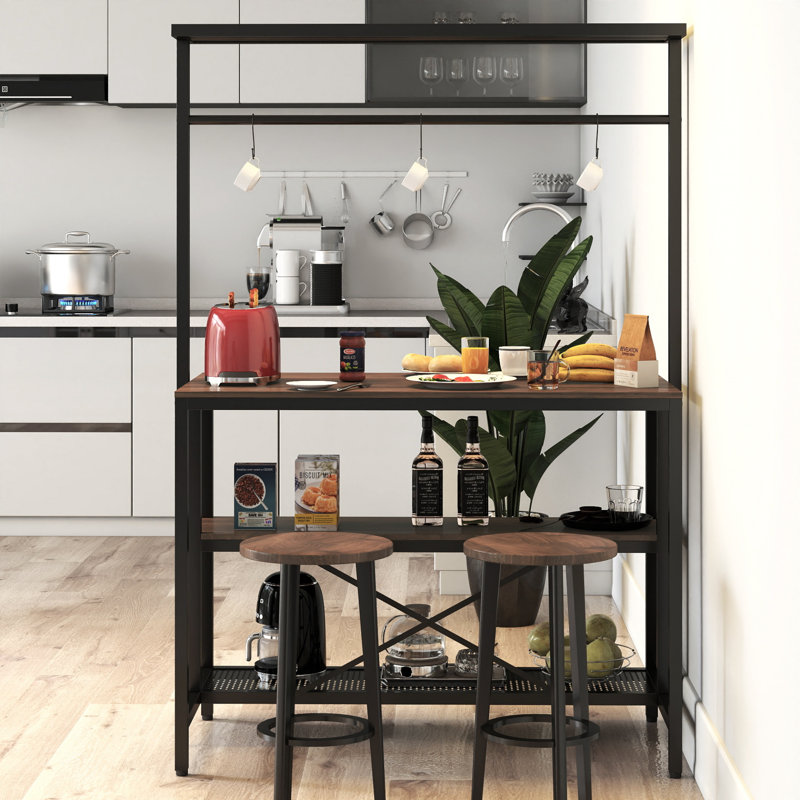 Îlot de cuisine multifonctionnel en noyer avec support à micro-ondes à 3 niveaux et support à boulanger - fer et tablette de rangement en panneau de particules pour la salle à manger, le salon (3 crochets)?