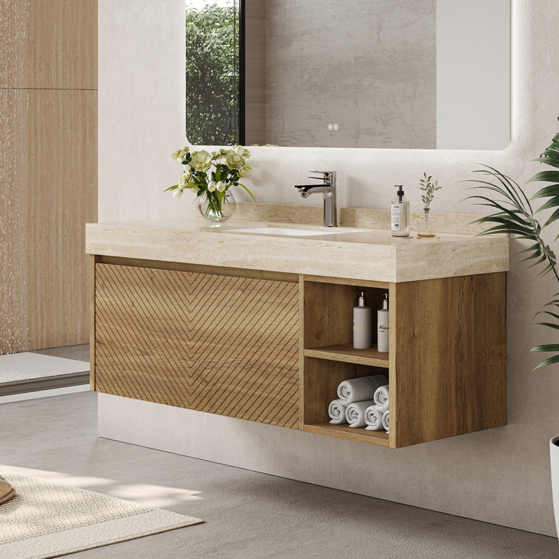 Meuble-lavabo rectangulaire de 48 po avec lavabo simple en céramique, comptoir en pierre frittée, armoire en bois cannelé avec tablettes ouvertes et grand rangement