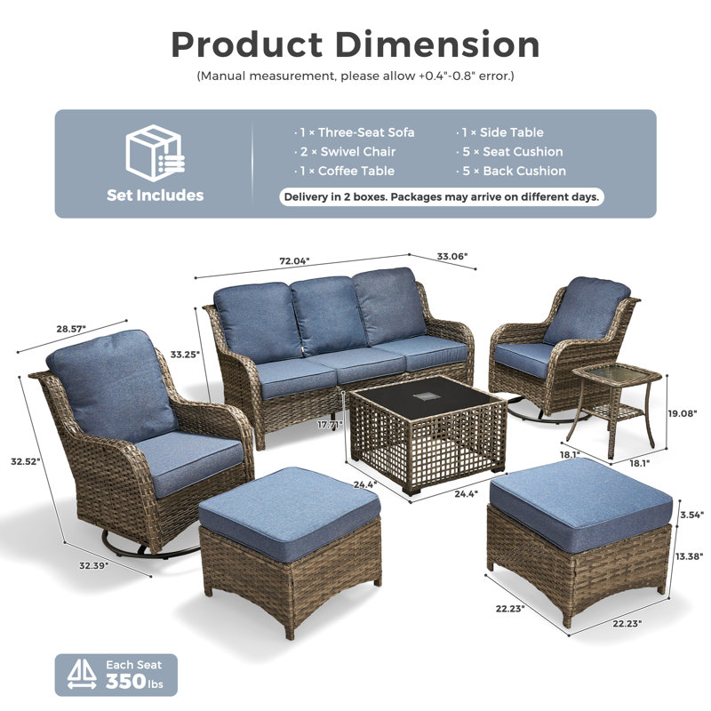 Amerissa 5 - Person Wicker Outdoor Conversation Set, Patio Swivel Chair Set with Lighted Coffee Table and Cushions, Blue