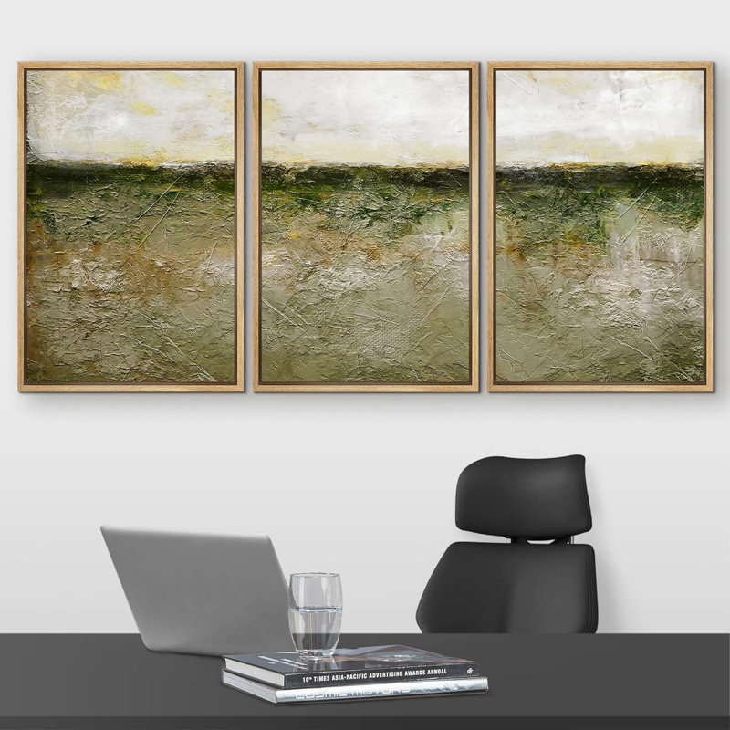 Minimal paysage aquarelle pastel vert paysage abstrait formes de décor 3 pièces, Cadre naturel flottant
