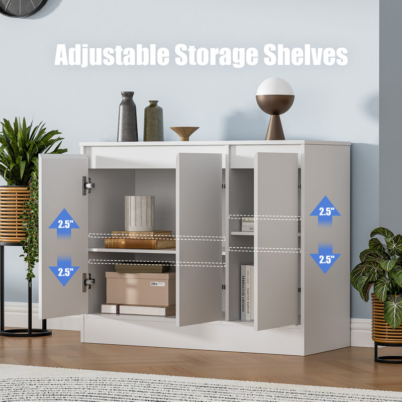 Buffet Cabinet With Storage, Coffee Bar Cabinet With 3 Doors And Adjustable Shelf, Modern Kitchen Buffet Sideboard For Living Room, Kitchen, White