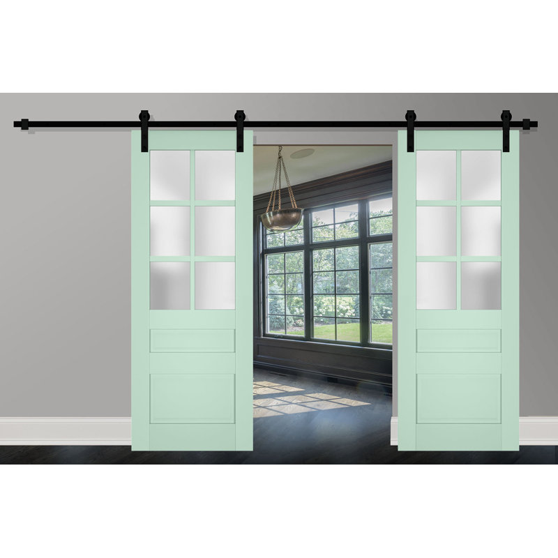 Veregio Frosted Glass Panelled Wood Barn Doors, 72" x 96", Olive