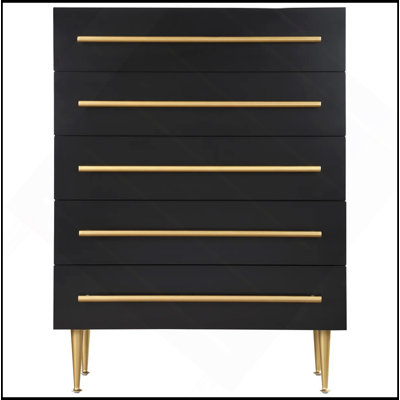 Commode contemporaine à 5 tiroirs avec détails dorés, commode 1 pièce pour chambre à coucher, unité de rangement en bois, noir