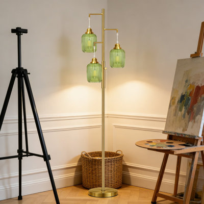 Lampe sur pied à intensité variable avec abat-jour en verre vert - Lampe sur pied en laiton rétro avec 3 ampoules DEL, luminosité réglable pour le salon, la chambre à coucher et le bureau