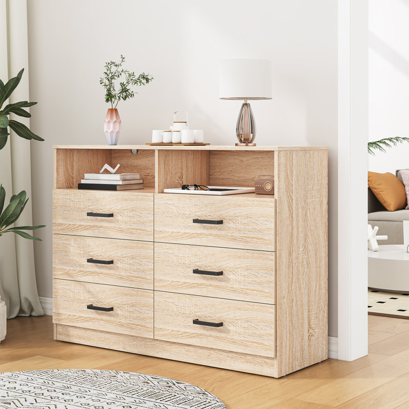 6 Drawers Dresser,Modern Storage Tower Dressers and Chests 2 Open Cubby,Large Organizer for Bedroom, Light Oak