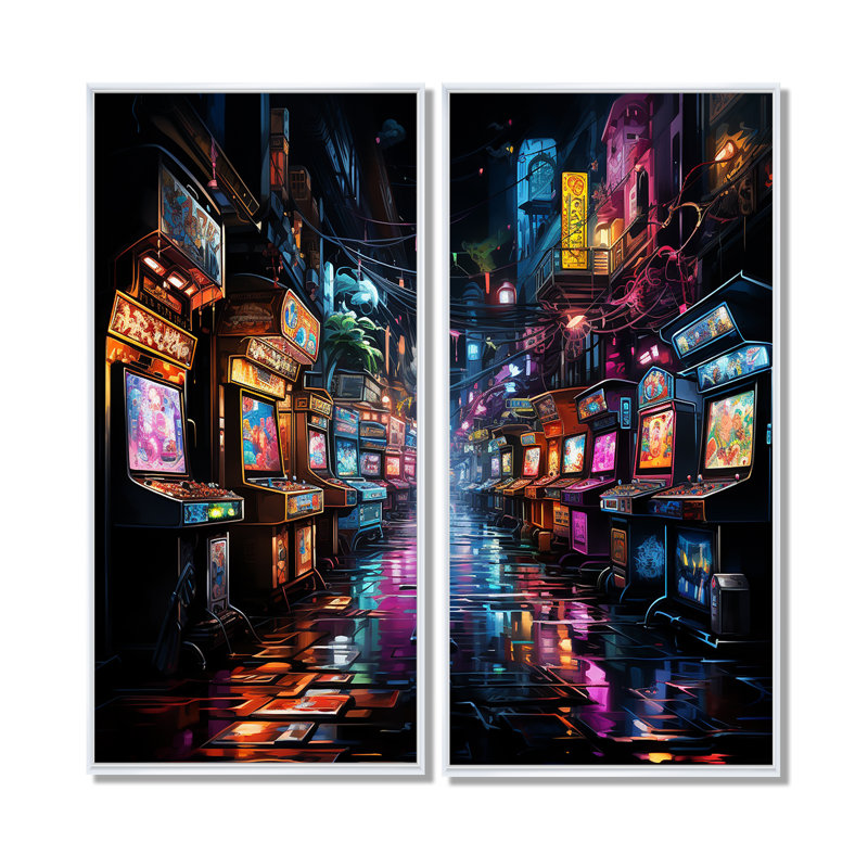 Impression sur toile Neon Arcade, 32" H x 32" W, Impression encadrée flottante, White