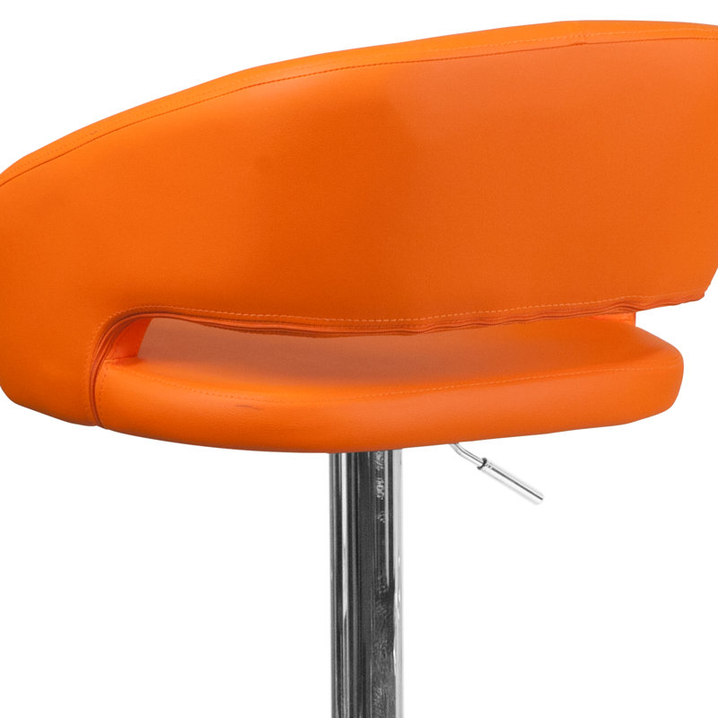 Contemporary Vinyl Adjustable Height Barstool with Rounded Mid-Back, Chrome, Orange