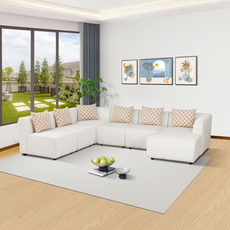 KOKO - Canapé modulaire en microfibre blanc pour salon minimaliste, Accoudoir à droite (vu de face)