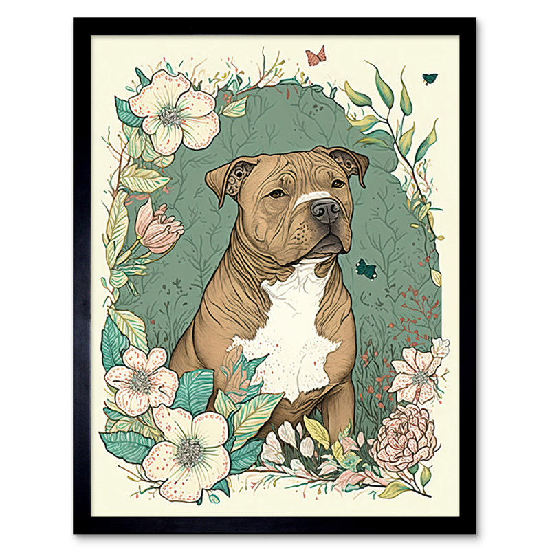 Brown Staffordshire Bull Terrier And Flowers Modern Pastel Boho - Single Picture Frame Print