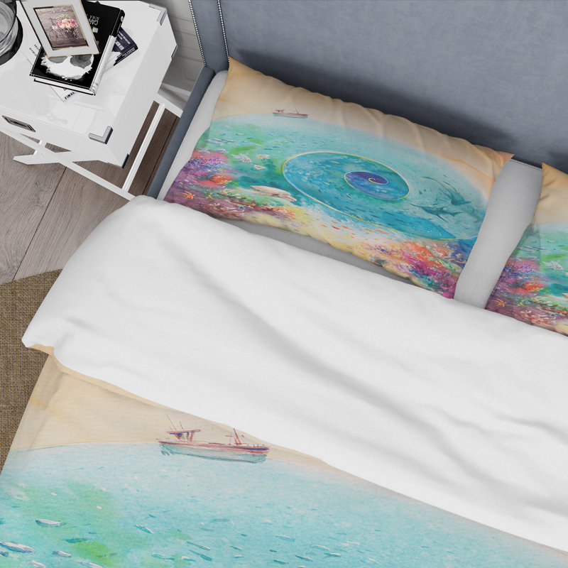 Turquoise océan en spirale avec poissons de récifs coralliens - ensemble de housse de couette nautique - polyester microfibre
