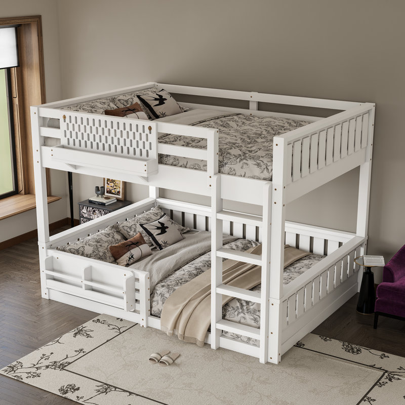 Queen over Queen Bunk Bed with Ladder, Guardrails, Pegboard & Bookshelf, White, Queen Over Queen, White