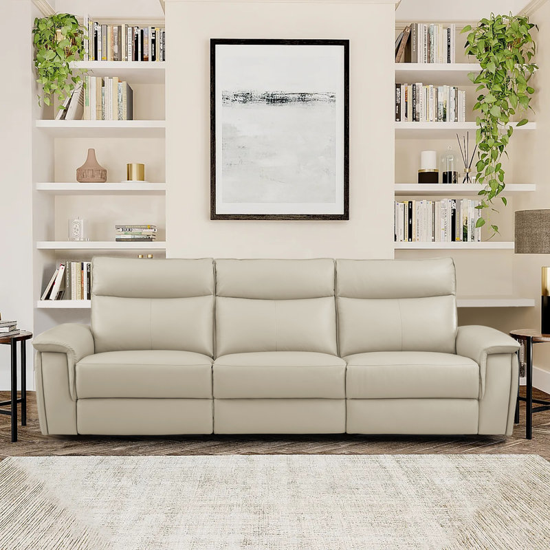 Enjolie 110" Modern & Contemporary Top Grain Leather Power Reclining Sofa with Headrests, Integrated USB Charging Ports, Space-Saving Wall-Hugger Design