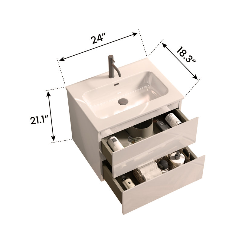Meuble-lavabo mural brillant de 24 po avec lavabo en céramique et un grand trou de robinet