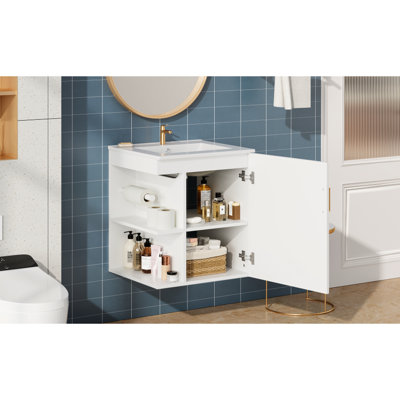 Meuble-lavabo mural avec lavabo, armoire de 20 po, sculptures subtilement rayées, tablette latérale ouverte pour articles de toilette, fournitures de nettoyage pour armoire fermée, meuble-lavabo blanc moderne, étagères, rangement, intimité
