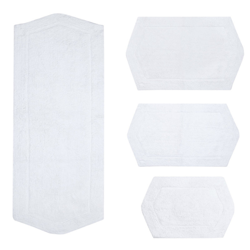 Morissette 100% Cotton Bath Rug, Non-Slip, Quick Dry, Absorbent, Machine Washable - 4 Piece Set, White