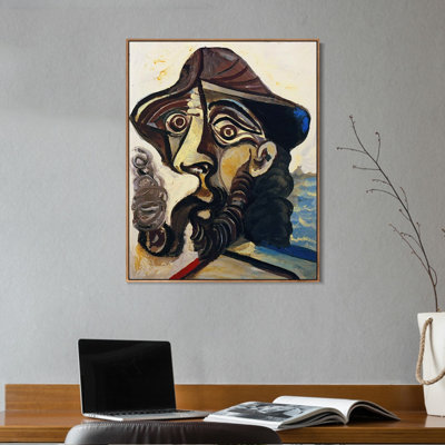 Reproduction d'art sur toile encadrée (1971) « Tête d'homme fumant une pipe (pour Jacqueline) » de Pablo Picasso. Décoration murale pour salon, maison ou bureau (cadre mince couleur bois, 61 x 81 cm).