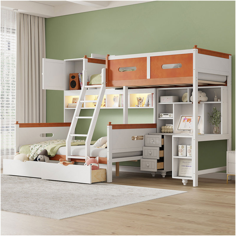 Lit superposé simple au-dessus d'un lit double en bois avec bureau, tiroirs, tablettes et armoire, lumière DEL (blanc + orange)