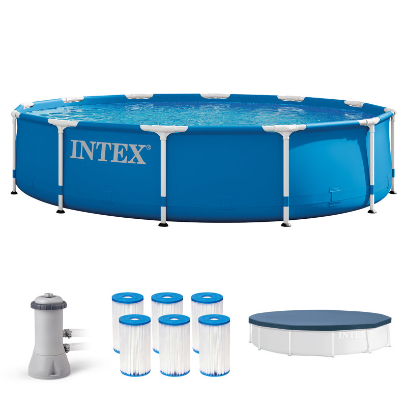 Metal Frame Above Ground Swimming Pool w/Pump, Filter Cartridge(6 Pack)& Cover