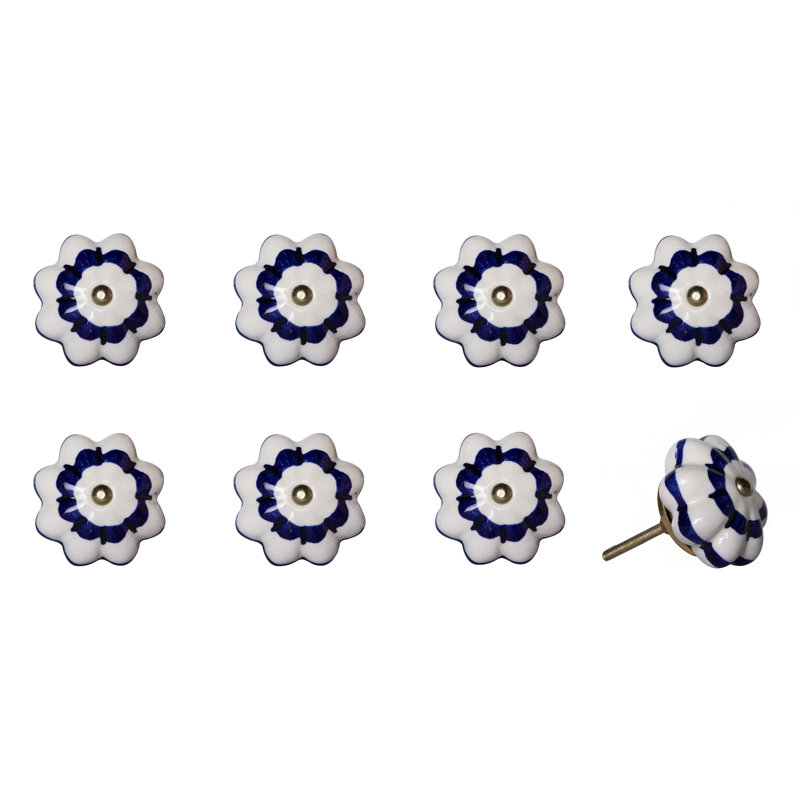 Ensemble de huit poignées de tiroir en céramique et en métal bleues et blanches