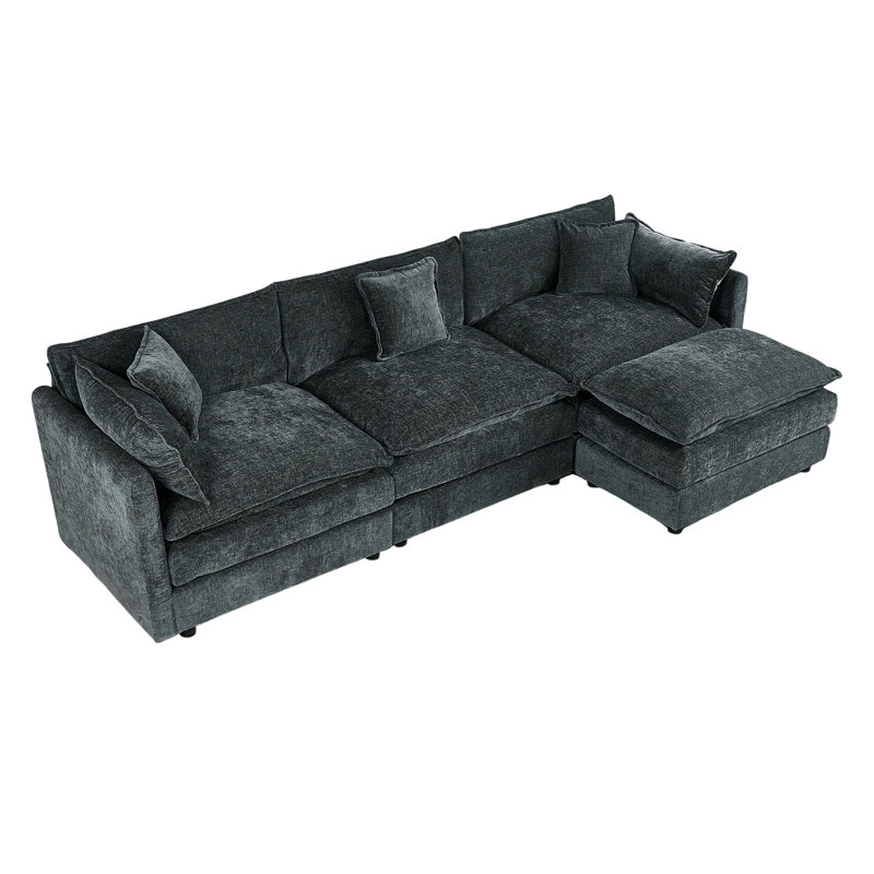Modern Chenille Loveseat Sofa Couch With Ottoman, Gray Chenille, 33.85" H x 112.2" W x 35.82" D