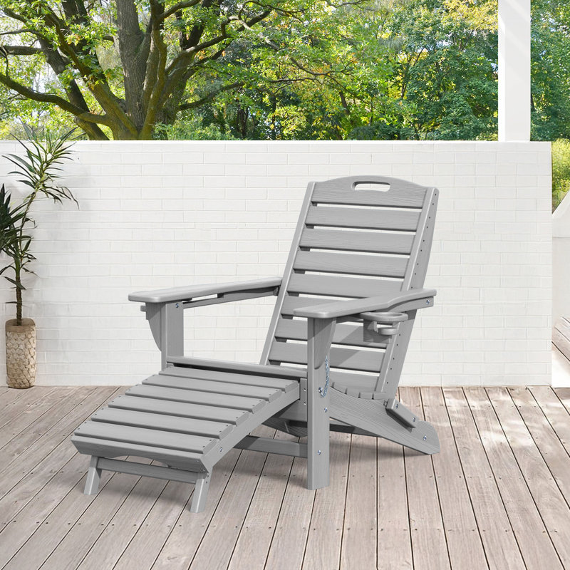 HDPE Adirondack Foldable Chair with Retractable Ottoman, Gray