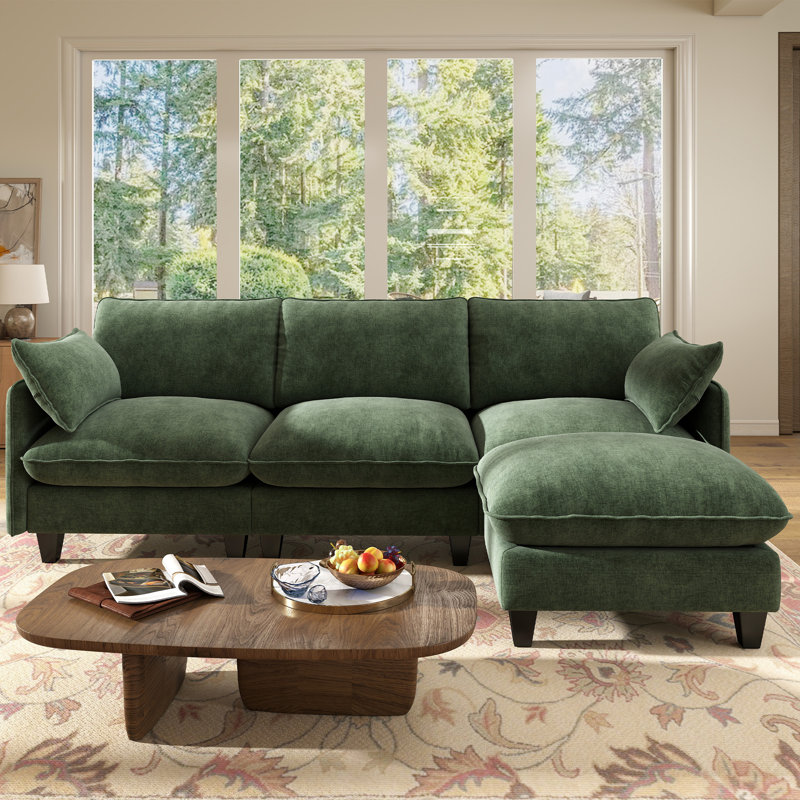 Acker 105'' Puff Cloud Modular Upholstered Sectional 3-seat with Sandwich-spring Style Support, Green Chenille, 3