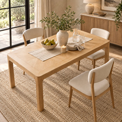 60 Inch Rectangular Dining Table with Parquet Style Oak Veneer Top Rounded Corners and Rubberwood Legs