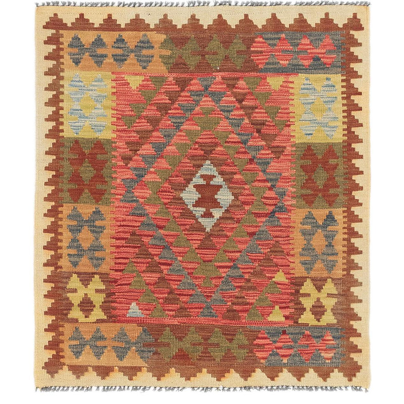 Tapis de zone en laine brun/rouge/crème 3 pi 2 po x 3 pi en laine noué la à la main one-of-kind Lorain