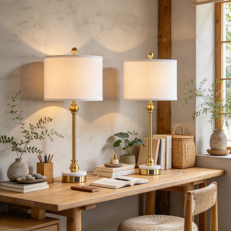 Ensemble de 2 lampes de table modernes de style transitionnel, en marbre doré, avec ports de chargement USB et Type-C. Lampes de table à hauteur réglable avec abat-jour en tissu, idéales pour le salon ou la chambre. Ampoules non incluses.