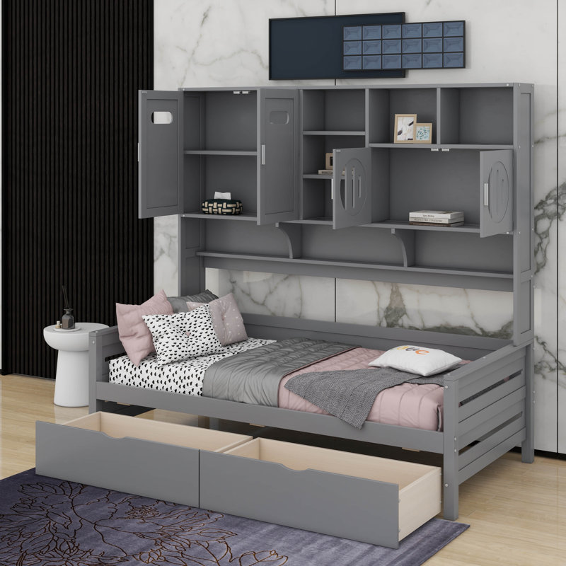Lit de jour en bois avec tiroirs, Gris, Lit simple