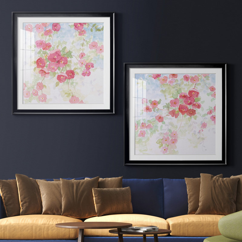 «Pink Pleasure I», ensemble de 2 reproductions d'art encadrées, H 26,5 po x l 53 po x P 1,5 po, Toile avec cadre noir, Blanc