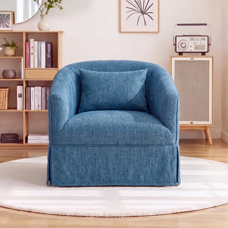 360-Degree Swivel Upholstered Armchair with Accent Pillow, Blue Linen Blend