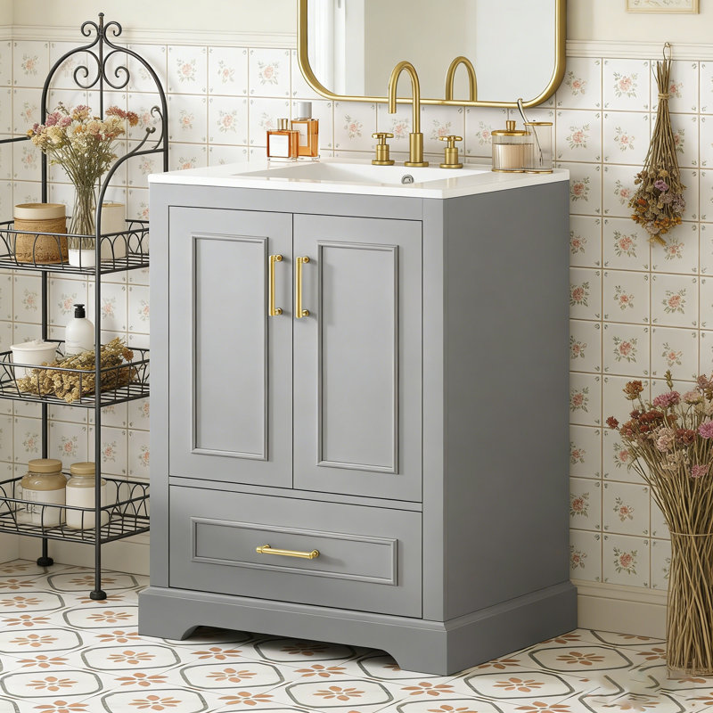Meuble-lavabo 24 po avec lavabo, armoire en panneau de fibres à densité moyenne avec cadre en bois massif, 1 tiroir divisé et 2 portes à fermeture douce avec double tablette sur la porte, meuble-lavabo autoportant