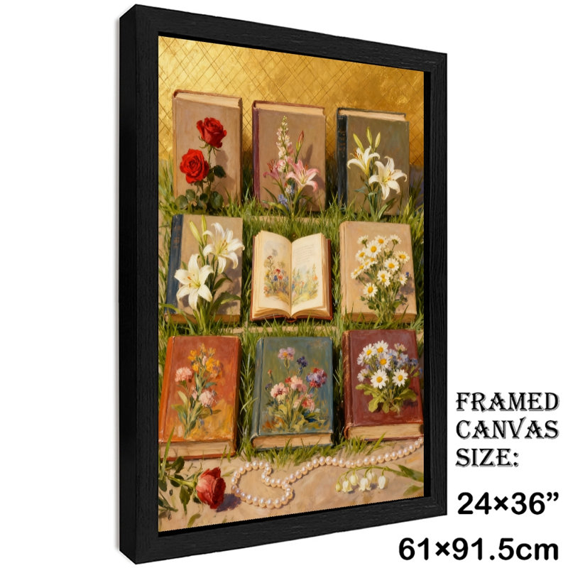 Art encadré noir Un livre plein de fleurs, art mural de style rétro, H 37 po x l 25 po