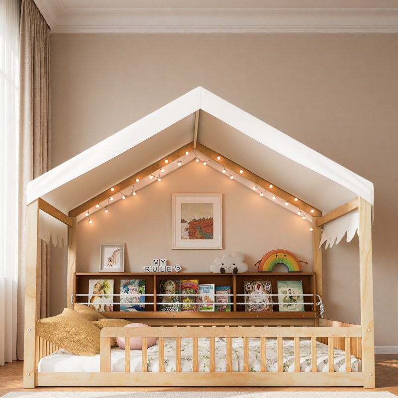 Lit en bois avec auvent, 3 étagères de rangement et lumière DEL, Naturel